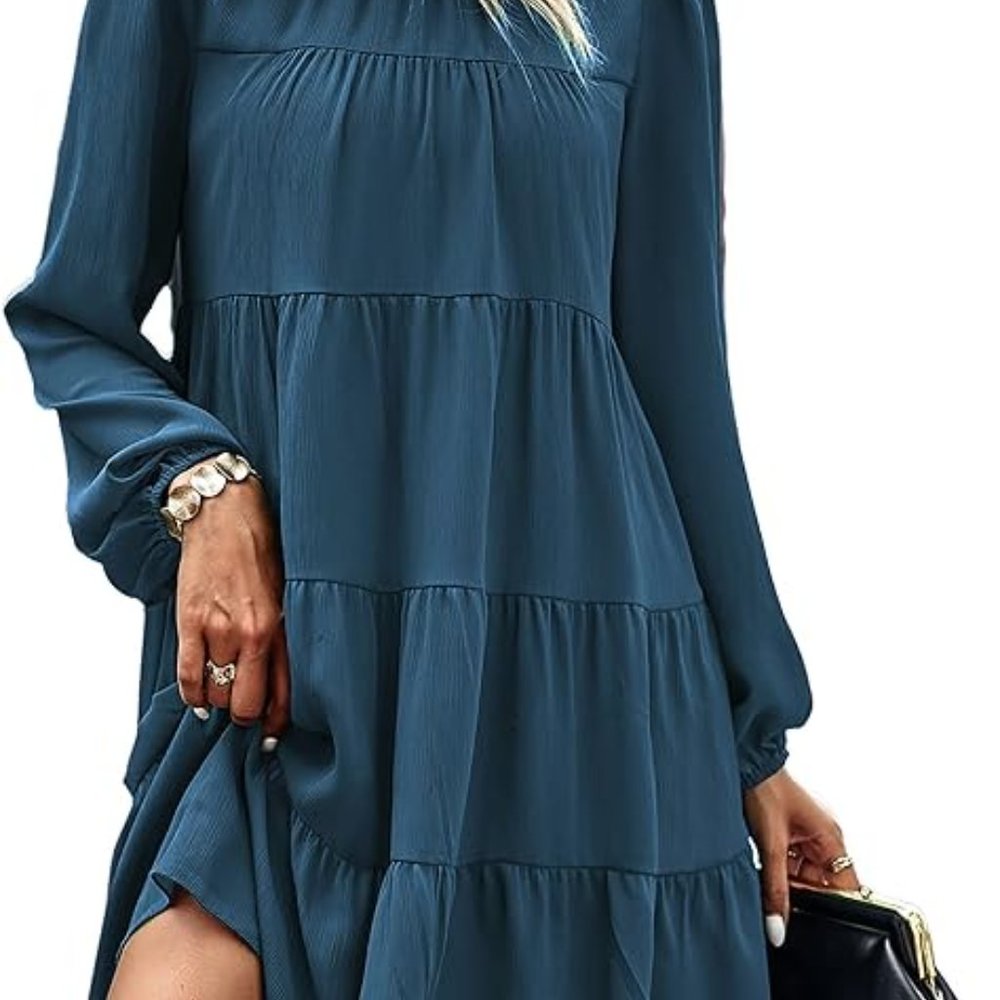 Long Sleeve Ruffle Mock Neck Elastic Waist Flowy Babydoll Dress Size XL